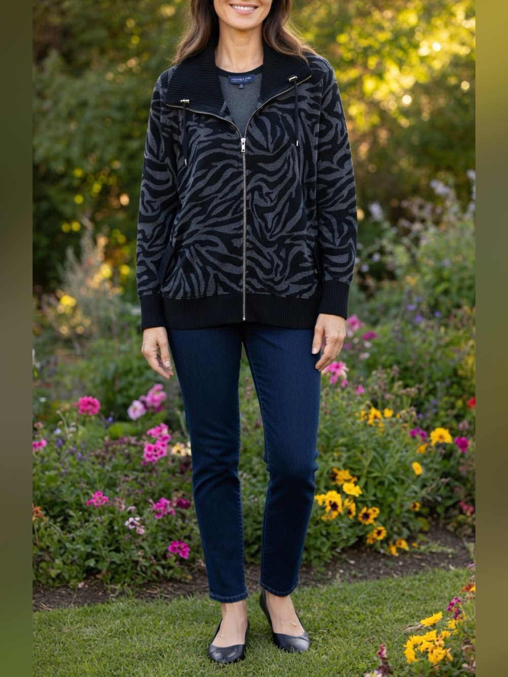Jones New York Signature Woman Black Zebra-Print Zip Front Velvet Jacket size 3x